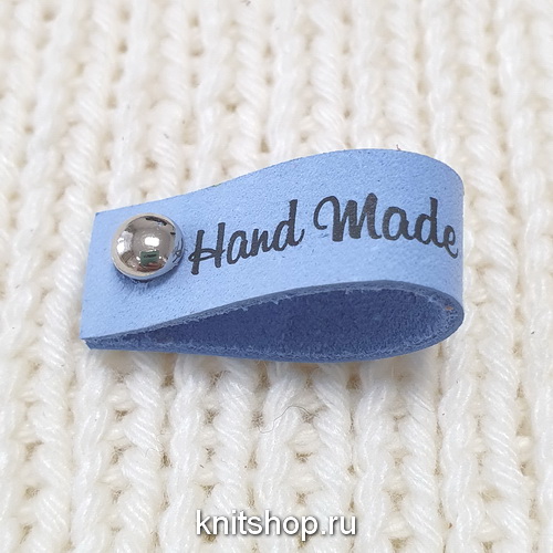 Бирка Handmade голубая, с кнопкой, натур.кожа, 35х12мм