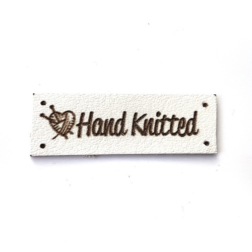 Бирка 36х12мм Hand Knitted белая, пришивная, натур.кожа