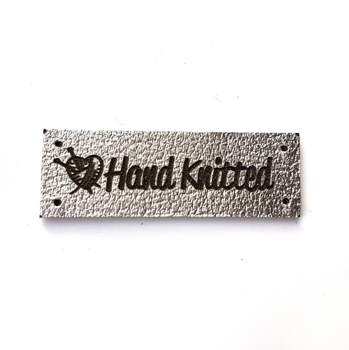 Бирка 36х12мм Hand Knitted серебро, пришивная, натур.кожа