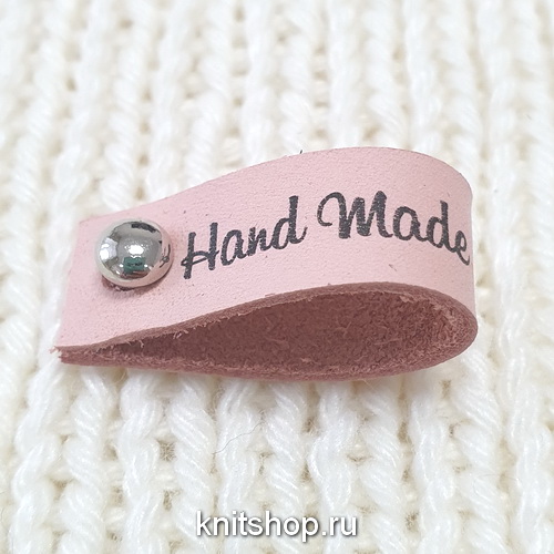Бирка Handmade розовая, с кнопкой, натур.кожа, 35х12мм