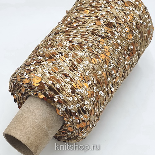 Lustrosa (8324 бежевый, золото, белый, пайетки) 100% хлопок, пайетки 3мм, 6мм 200м/100гр