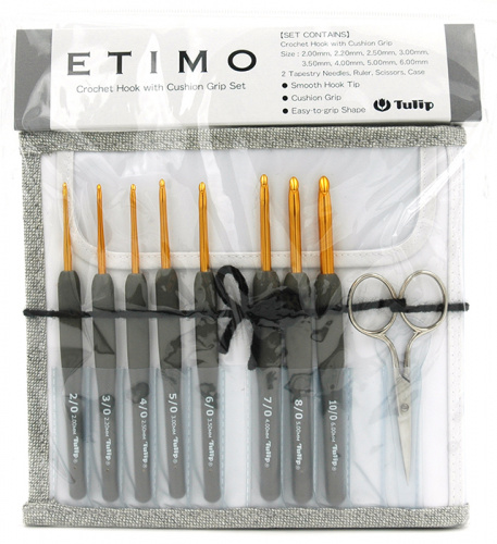 Набор крючков ETIMO (2,2.2,2.5,3,3.5,4,5,6мм) линейка, ножницы, иглы, золотистый/черный Tulip