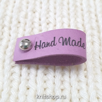 Бирка Handmade сиреневая, с кнопкой, натур.кожа, 35х12мм