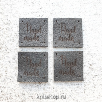 Бирка 22х22мм Hand Knitted черная, пришивная, квадратная, натур.кожа
