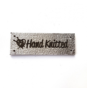 Бирка 36х12мм Hand Knitted серебро, пришивная, натур.кожа