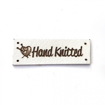 Бирка 36х12мм Hand Knitted белая, пришивная, натур.кожа